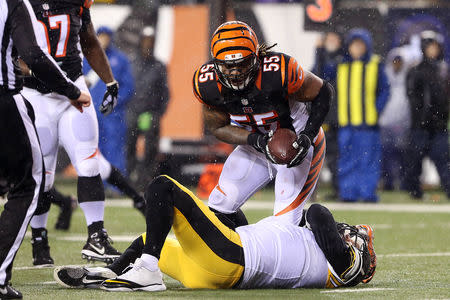 FILE PHOTO: Jan 9, 2016; Cincinnati, OH, USA; Cincinnati Bengals outside linebacker Vontaze Burfict (55) reacts after sacking Pittsburgh Steelers quarterback Ben Roethlisberger (7) during the third quarter in the AFC Wild Card playoff football game at Paul Brown Stadium. Mandatory Credit: Aaron Doster-USA TODAY Sports / Reuters Picture Supplied by Action Images/File Photo