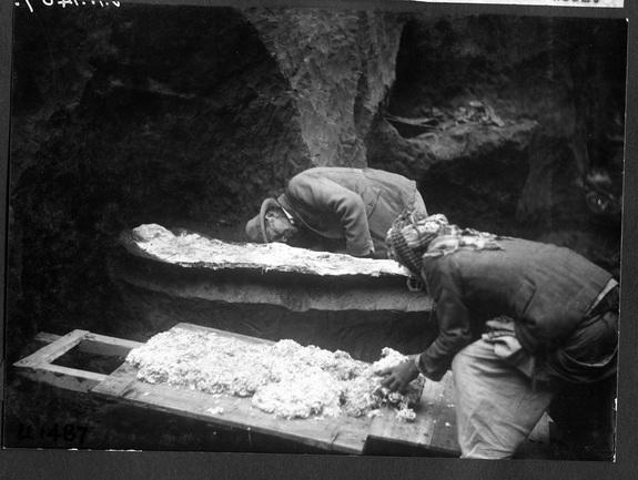 A lightweight plaster mixture is placed over the covered skeleton, the 6,500-year-old human remains discovered at the Ur site in Iraq, in order to protect it during shipping. The silt is already being cut away under the skeleton to make room fo