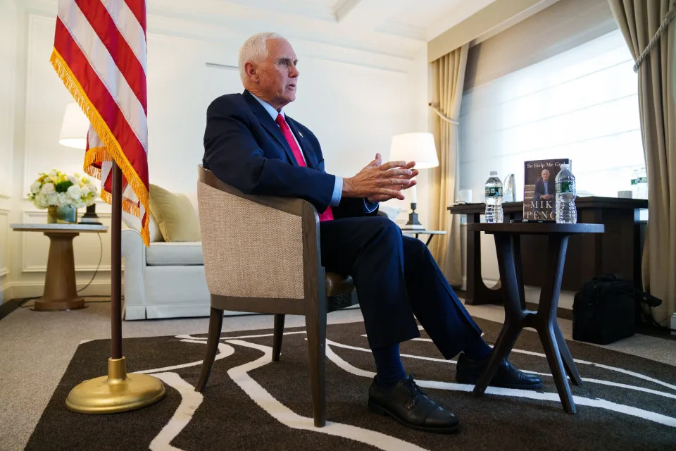 Former Vice President Mike Pence speaks during an interview in New York City on Nov. 15, 2022 about his new autobiography, &quot;So Help Me God,&quot; that chronicles his life and his time in the Trump administration.