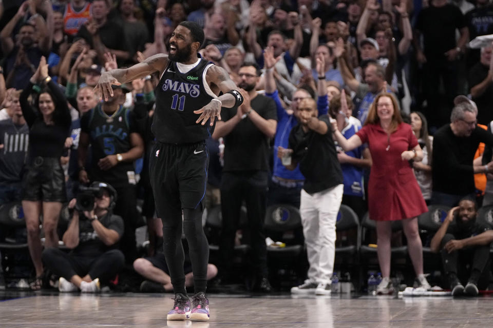 Dallas Mavericks' Kyrie Irving reacts to play in the second half of Game 6 of an NBA basketball second-round playoff series against the Oklahoma City Thunder Saturday, May 18, 2024, in Dallas. (AP Photo/Tony Gutierrez)