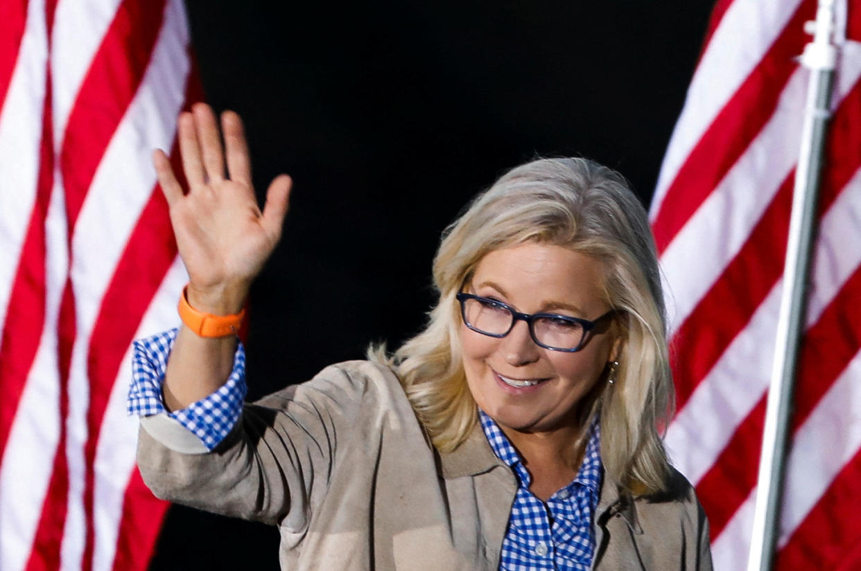 Republican candidate U.S. Representative Liz Cheney waves during her primary election night party in Jackson, Wyoming, U.S. August 16, 2022.  REUTERS/David Stubbs