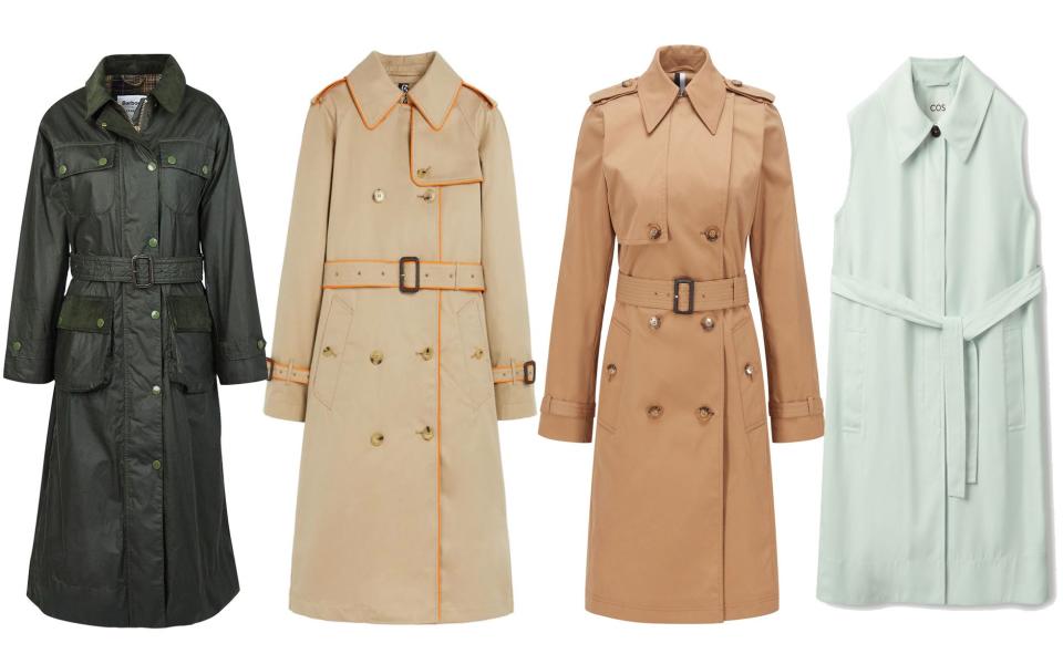 From left to right: wax trench coat, £499, Barbour by ALEXACHUNG; water repellent cotton, £895, Mackintosh; water repellent cotton twill, £389, BOSS; sleeveless turquoise, £115, Cos