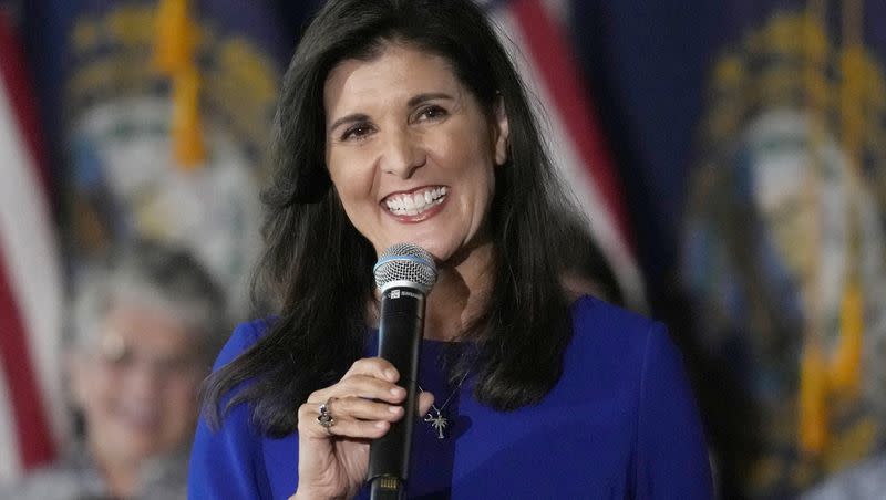 Republican presidential candidate Nikki Haley smiles while taking a question from the audience during a campaign event May 24, 2023, in Bedford, N.H.