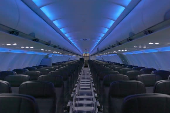 The interior of a refurbished JetBlue plane