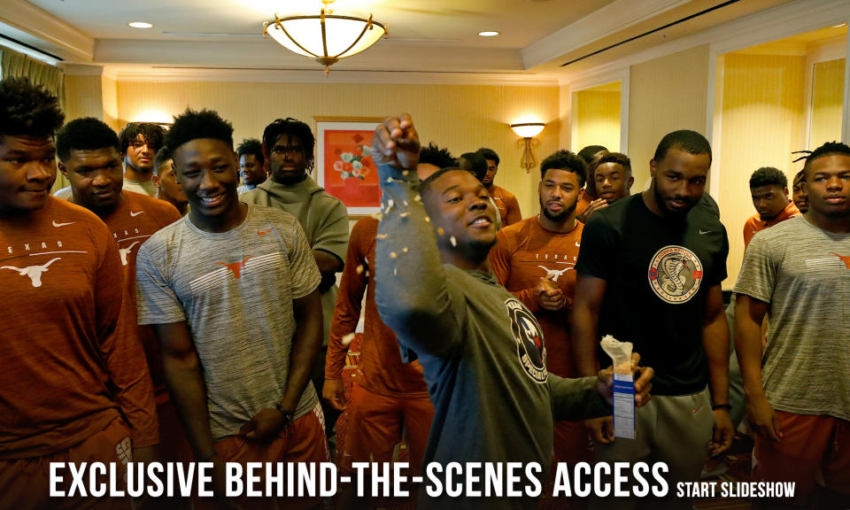 Members of the Texas Longhorns football team joke Saturday Sept. 7, 2019 at the team hotel in Austin, Tx. ( Photo by Edward A. Ornelas )