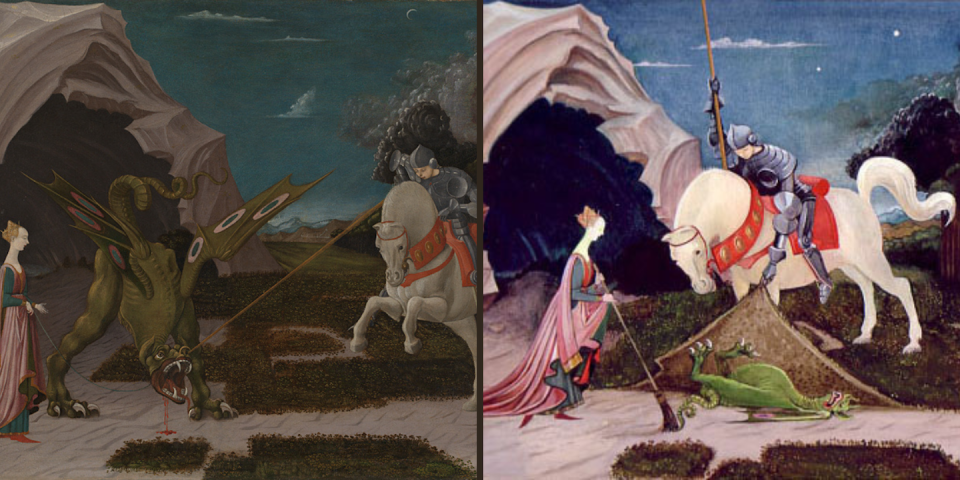 A la derecha, el lienzo <em>San Jorge y el dragón</em>, de Paolo Uccello (National Gallery). A la derecha, <em>San Jorge y el dragón… cinco minutos después</em>, ilustración de George W. Adamson sobre el original de Uccello (<em>Punch</em>, 1961). National Gallery / Punch