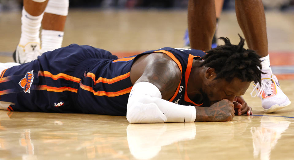 New York Knicks forward Julius Randle (30) reacts after committing a foul against the Minnesota Timberwolves during the second half of an NBA basketball game, Monday, March 20, 2023, in New York. (AP Photo/Noah K. Murray)