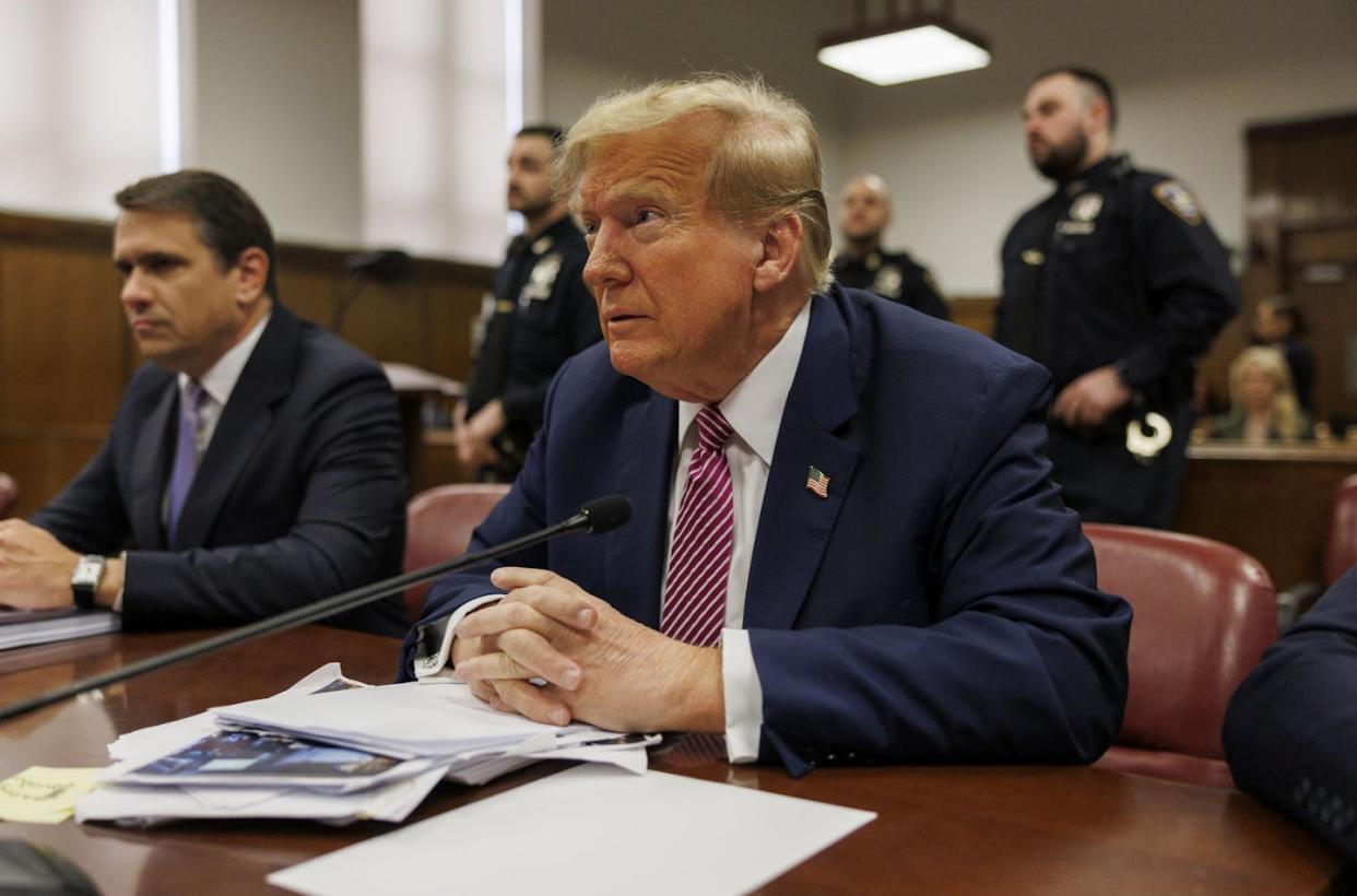 Former U.S. President Donald Trump appears in Manhattan Criminal Court on April 19, 2024. <a href="https://www.gettyimages.com/detail/news-photo/former-u-s-president-donald-trump-sits-at-the-defendants-news-photo/2147925752?adppopup=true" rel="nofollow noopener" target="_blank" data-ylk="slk:Sarah Yenesel - Pool/Getty Images;elm:context_link;itc:0;sec:content-canvas" class="link ">Sarah Yenesel - Pool/Getty Images</a>