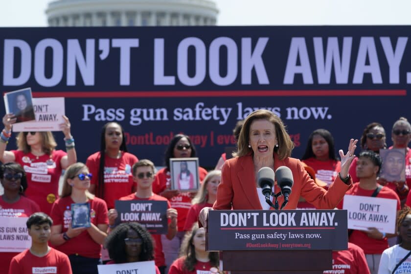 House Speaker Nancy Pelosi of Calif., speaks during a protest near Capitol Hill in Washington, Wednesday, June 8, 2022, sponsored by Everytown for Gun Safety and its grassroots networks, Moms Demand Action and Students Demand Action. Protesters are demanding that Congress act on gun safety issues. (AP Photo/Susan Walsh)