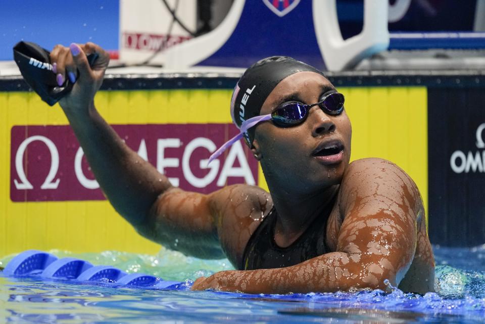 Simone Manuel reacts after the Women's 50 freestyle finals Sunday, June 23, 2024, at the US Swimming Olympic Trials in Indianapolis. (AP Photo/Michael Conroy)