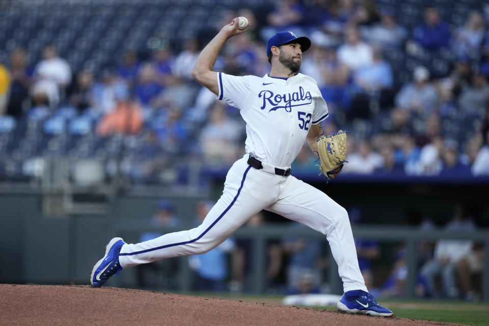 Kansas City Royals starting pitcher Michael Wacha throws during the first inning of a baseball game against the Toronto Blue Jays Tuesday, April 23, 2024, in Kansas City, Mo. (AP Photo/Charlie Riedel)