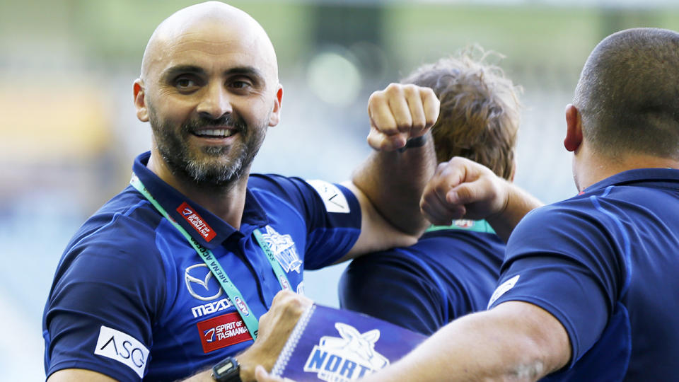 Rhyce Shaw is pictured celebrating after defeating St Kilda in round one of the 2020 AFL season.