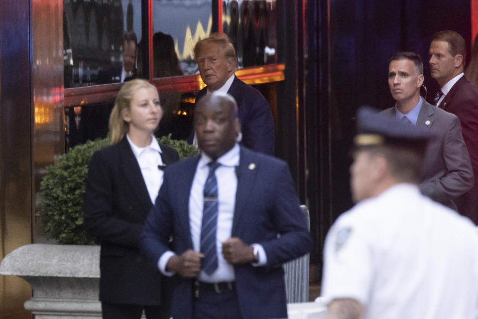 Former President Donald Trump arrives at Trump Tower in New York, Thursday, April. 13, 2023. (AP Photo/Yuki Iwamura)