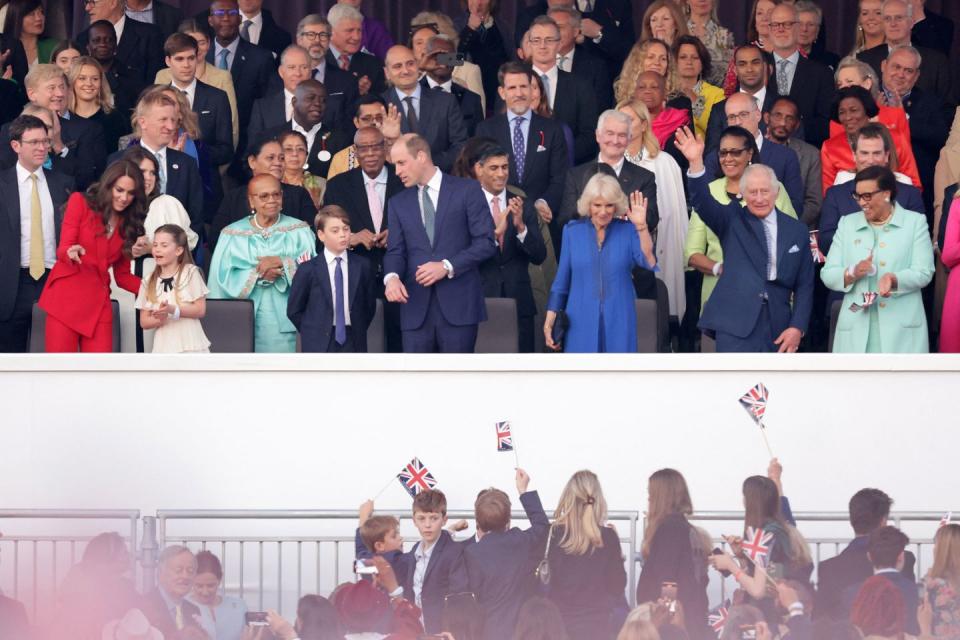 l r britains catherine, princess of wales, britains princess charlotte of wales, britains prince george of wales, britains prince william, prince of wales, britains prime minister rishi sunak, britains queen camilla and britains king charles iii in the royal box waiting for the acts inside windsor castle grounds ahead of the coronation concert, in windsor, west of london on may 7, 2023 for the first time ever, the east terrace of windsor castle will host a spectacular live concert that will also be seen in over 100 countries around the world the event will be attended by 20,000 members of the public from across the uk photo by chris jackson pool afp photo by chris jacksonpoolafp via getty images