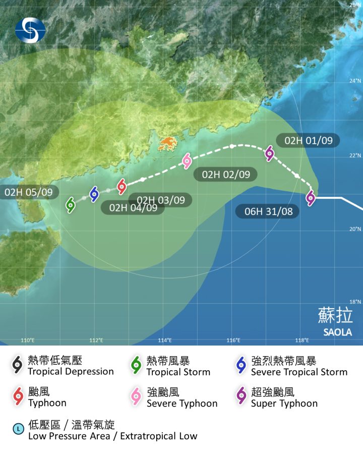 超強颱風 蘇拉 在香港時間 2023 年 08 月 31 日 06 時的最新資料。按照目前圖表，蘇拉在 9 月 2 日最接近本港，在本港以南 70 至 80 公里掠過。