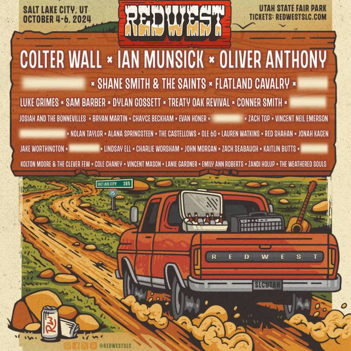 A poster depicting the lineup for the REDWEST festival, with names blurred out that will be announced over the next few months. (Courtesy of REDWEST)