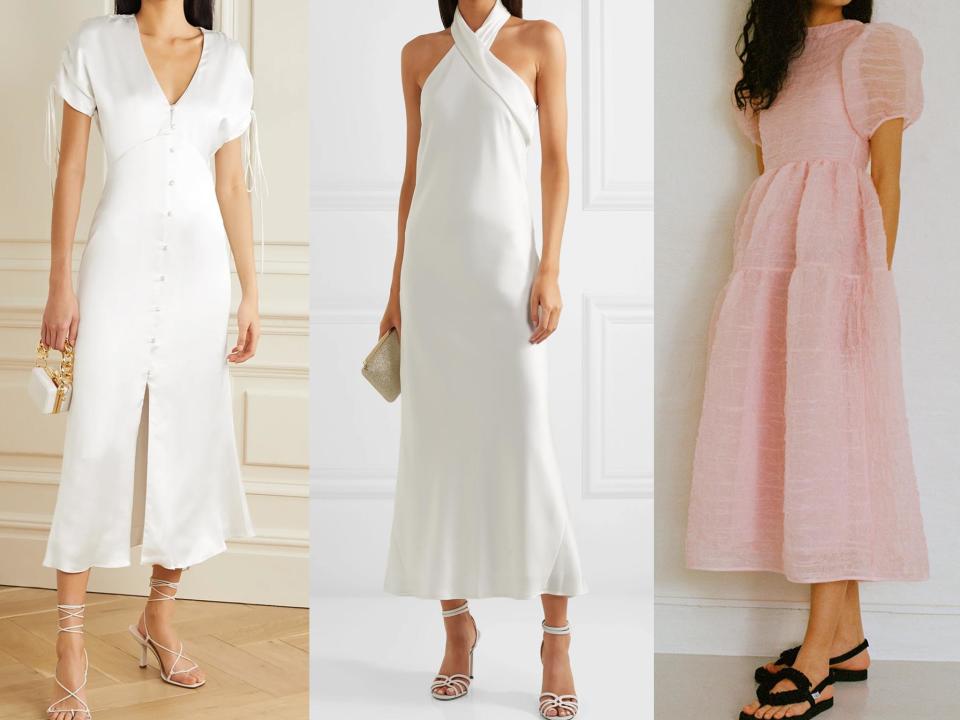  Clare hammered-satin midi dress (Net-A-Porter, £375), Pandora silk-satin halter neck midi dress (Net-A-Porter, £750), Kelly dress (Cecilie Bahnsen, £2,295) 