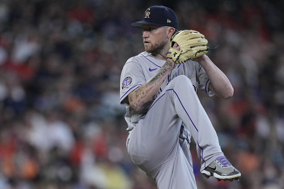 Colorado Rockies starting pitcher Kyle Freeland delivers during the first inning of a baseball game against the Houston Astros, Tuesday, July 4, 2023, in Houston. (AP Photo/Kevin M. Cox)