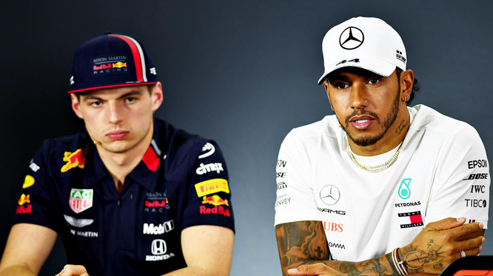 Max Verstappen and Lewis Hamilton during a press conference. (Getty Images)