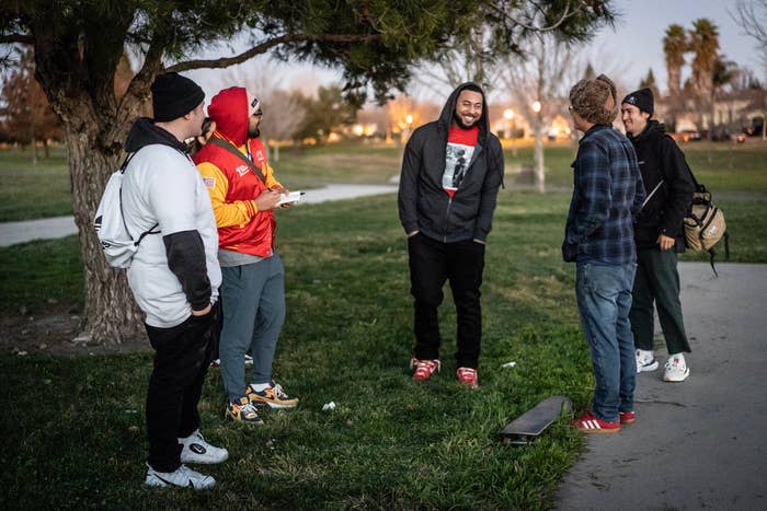 From left: Cody Davidek, Anderson Williams, Luke Danforth, and Alex Wilson see one another for the first time in years at the memorial for their friend Tyre Nichols at the Regency Community Skatepark. 