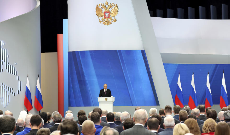 Russian President Vladimir Putin delivers his state-of-the-nation address in Moscow, Russia, Thursday, Feb. 29, 2024. (Mikhail Klimentyev, Sputnik, Kremlin Pool Photo via AP)