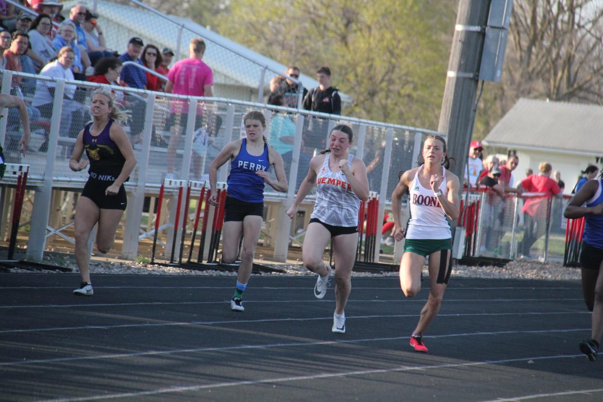 A Boone runner competes in the 100-meter dash during the Ram Relays on Monday, April 15, 2024, in Jefferson.