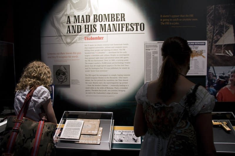 The Unabomber's manifesto is on display at the Newseum's exhibit, "G-Men and Journalists: Top News Stories of the FBI's First Century" in Washington, D.C., on June 17, 2008. On September 19, 1995, The Washington Post published a manifesto by Theodore Kaczynski, the so-called Unabomber, who carried out 16 bombings across the United States from 1978-95, killing three people. File Photo by Jack Hohman/UPI