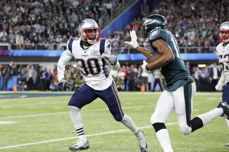 New England Patriots Duron Harmon #30 in action against the Philadelphia Eagles at Super Bowl 52 on Sunday, February 4, 2018 in Minneapolis. Philadelphia won the game 41-33.(AP Photo/Gregory Payan)