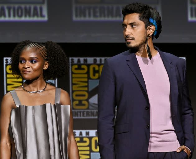 Dominique Thorne and Tenoch Huerta attend Marvel's Wakanda Forever at the 2022 Comic-Con International in San Diego. (Photo: Michael Buckner via Getty Images)