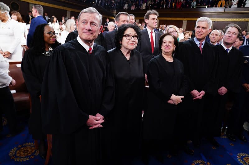 Chief Justice of the Supreme Court John Roberts (L), along with Associate Justices (L-R) Sonia Sotomayor, Elena Kagan, Neil Gorsuch and Brett Kavanaugh stand before President Joe Biden delivers the 2024 State of the Union speech to a joint session of Congress at the U.S. Capitol in Washington, D.C., on March 7. Pool File Photo by Shawn Thew/UPI