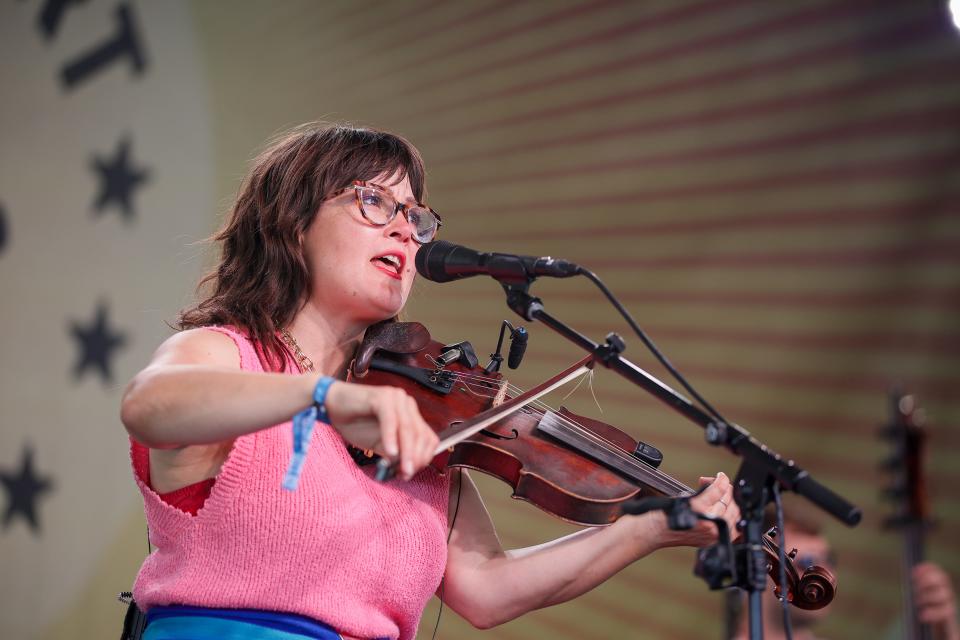 Sara Watkins of Nickel Creek performs on the first day of the Newport Folk Festival on July 28, 2023.