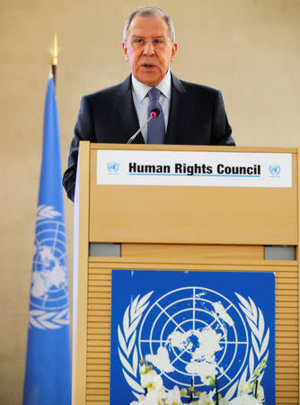 Sergei Lavrov, Minister for Foreign Affairs of Russia, attends the Human Rights Council at the United Nations in Geneva, Switzerland, February 28, 2018. REUTERS/Denis Balibouse