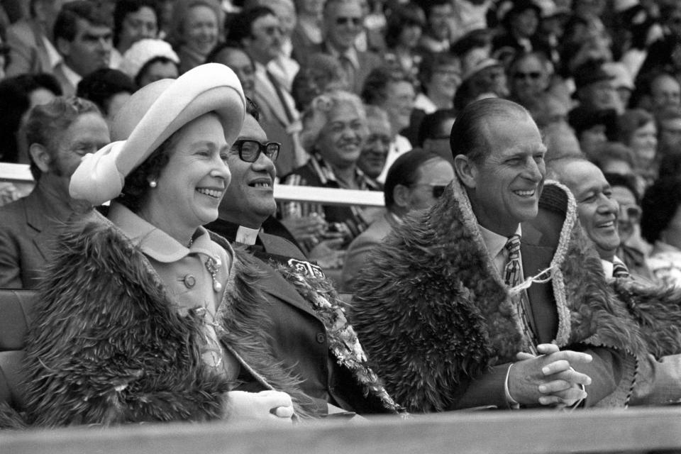 <p>The Queen and the Duke of Edinburgh, both wearing Maori Kahu-Kiwi (Kiwi feather cloaks) at Rugby Park in Gisborne, on the North Island of New Zealand when they attended the opening of the Royal New Zealand Polynesian Festival as their Silver Jubilee Tour continues. </p>