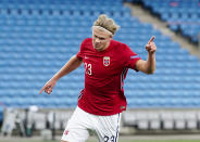 Norway's Erling Braut Haaland, celebrates after scoring, during the UEFA Nations League soccer match between Norway and Romania at Ullevaal Stadium, in Oslo, Sunday, Oct. 11, 2020, (Stian Lysberg Solum /NTB scanpix via AP)