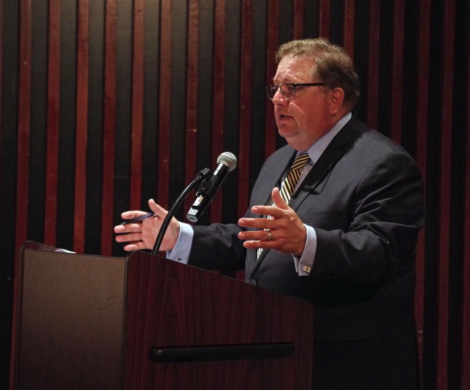 Brockton's Chief Financial Officer Troy Clarkson talks to the Brockton School Committee about the school budget at the special School Committee meeting on Thursday, Sept. 14, 2023, at Brockton High School.