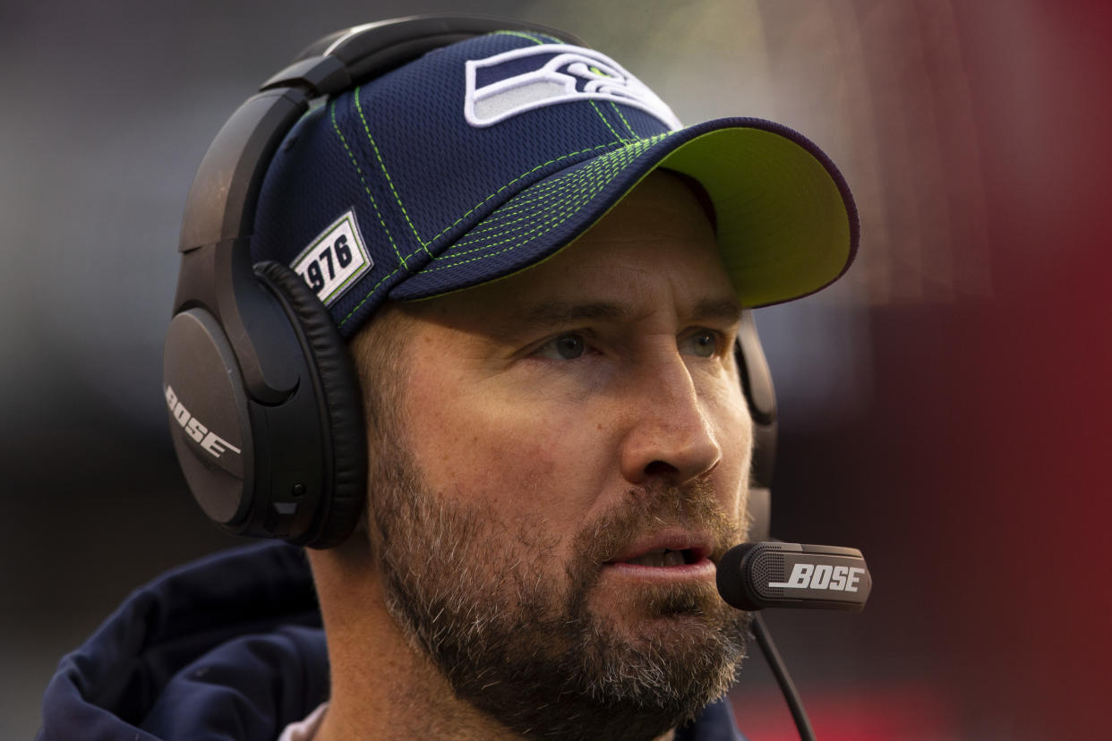 PHILADELPHIA, PA - NOVEMBER 24: Offensive coordinator Brian Schottenheimer of the Seattle Seahawks looks on against the Philadelphia Eagles at Lincoln Financial Field on November 24, 2019 in Philadelphia, Pennsylvania. (Photo by Mitchell Leff/Getty Images)