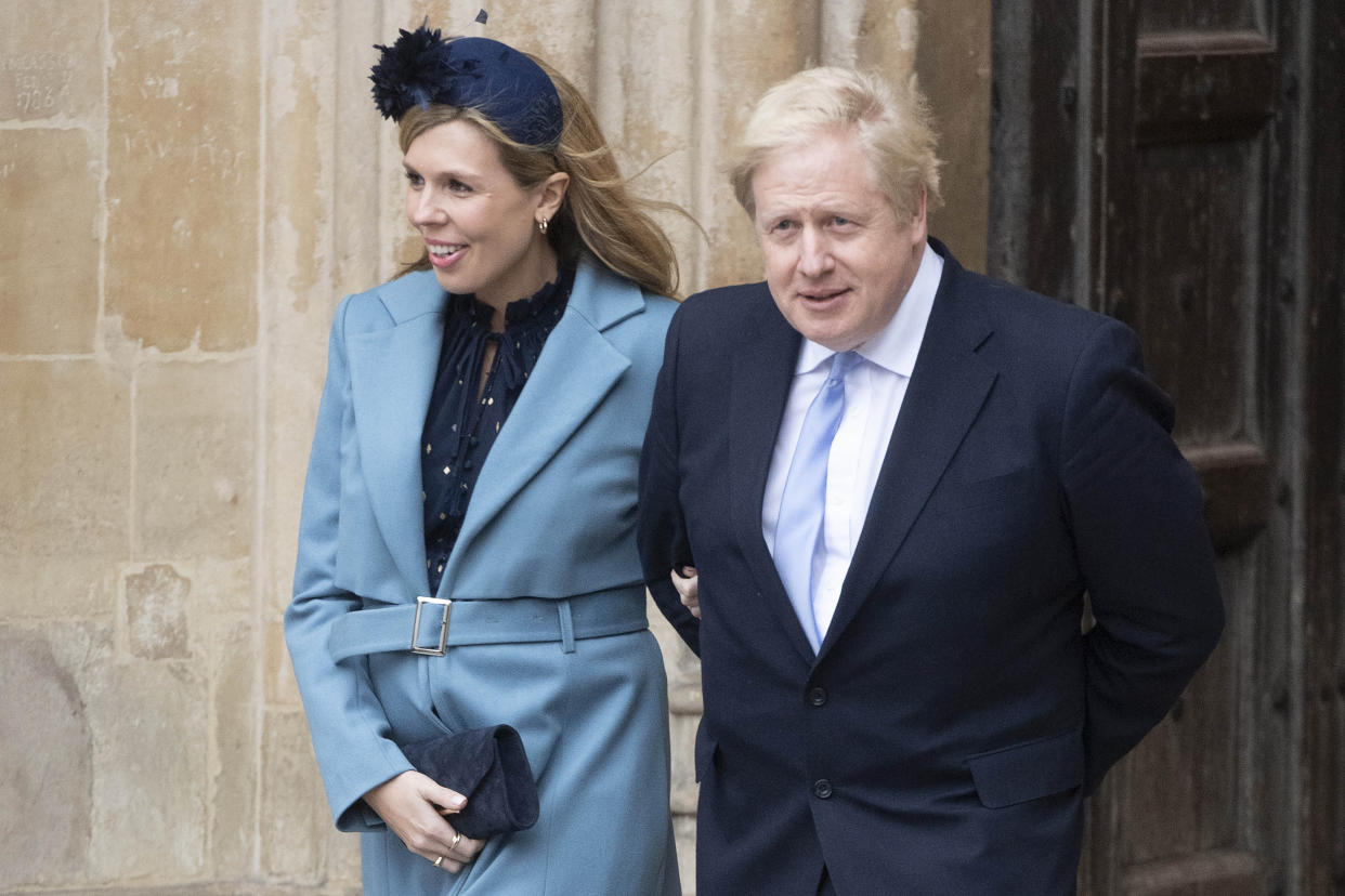 LONDON, March 10, 2020  -- British Prime Minister Boris Johnson R and his partner Carrie Symonds leave the Westminster Abbey after attending the annual Commonwealth Service on Commonwealth Day in London, Britain, March 9, 2020. (Photo by Ray Tang/Xinhua via Getty) (Xinhua/Han Yan via Getty Images)