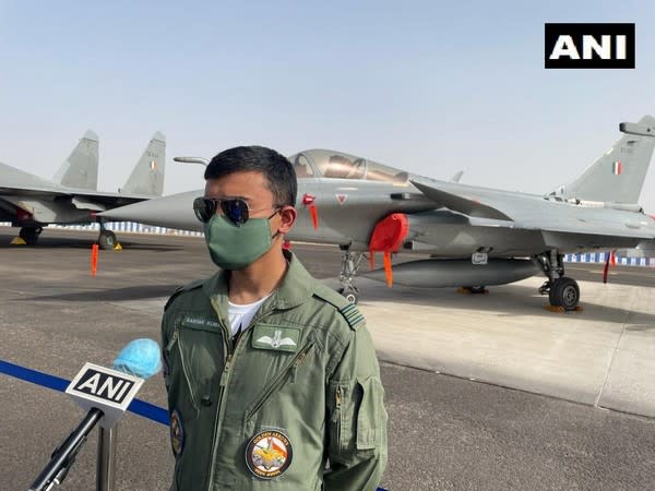 IAF Rafale fighter jet pilot Squadron Leader Sarthak Kumar speaking to ANI in Jodhpur on Saturday. (Photo/ANI)