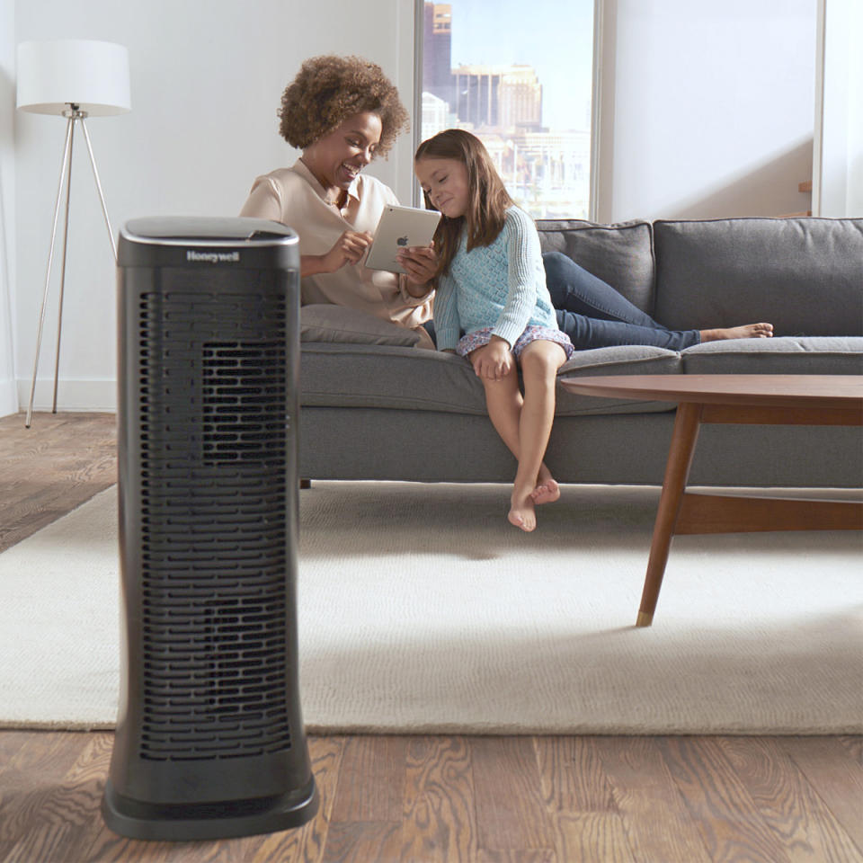 Mother and daughter using Honeywell air purifier from Canadian Tire