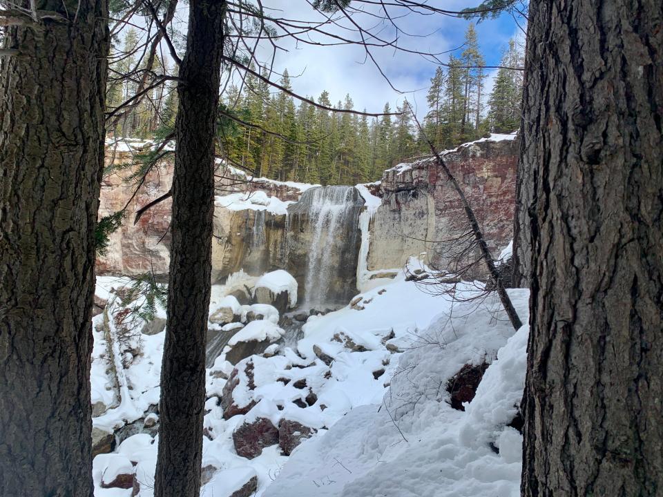 Ski and snowshoe trails surround the Paulina Falls and lake area in Newberry Volcanic National Monument in Central Oregon north of La Pine.
