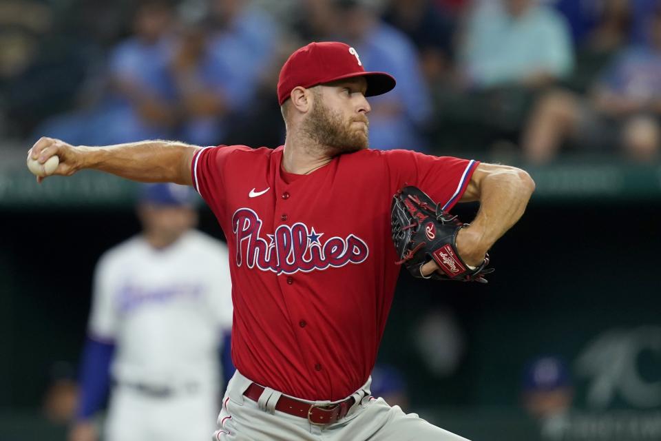 Philadelphia Phillies starting pitcher Zack Wheeler throws to the Texas Rangers in the first inning of a baseball game, Wednesday, June 22, 2022, in Arlington, Texas. (AP Photo/Tony Gutierrez)