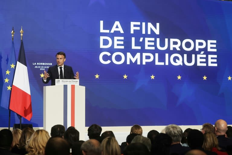 El presidente de Francia, Emmanuel Macron, habla sobre Europa el 25 de abril de 2024 en la Universidad de la Sorbona, en París (Christophe Petit Tesson)