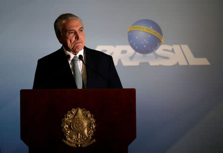 Brazil's President Michel Temer speaks at the Planalto Palace in Brasilia, Brazil, May 18, 2017. REUTERS/Ueslei Marcelino