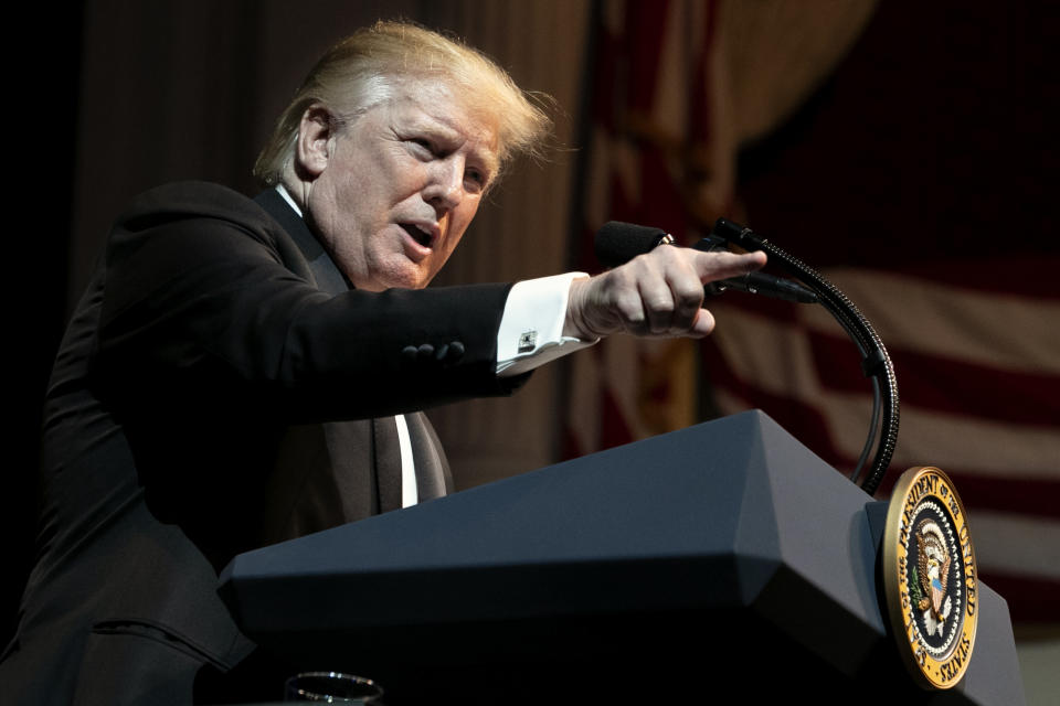 President Donald Trump speaks at the Ford's Theatre Annual Gala, Sunday June 2, 2019, in Washington. (AP Photo/Jacquelyn Martin)