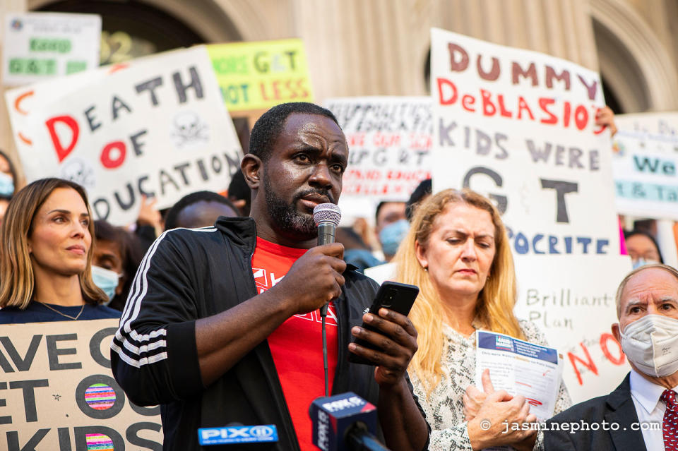 Parents protested the end of New York City’s gifted and talented program in October (Twitter / @placenyc_org)<br>