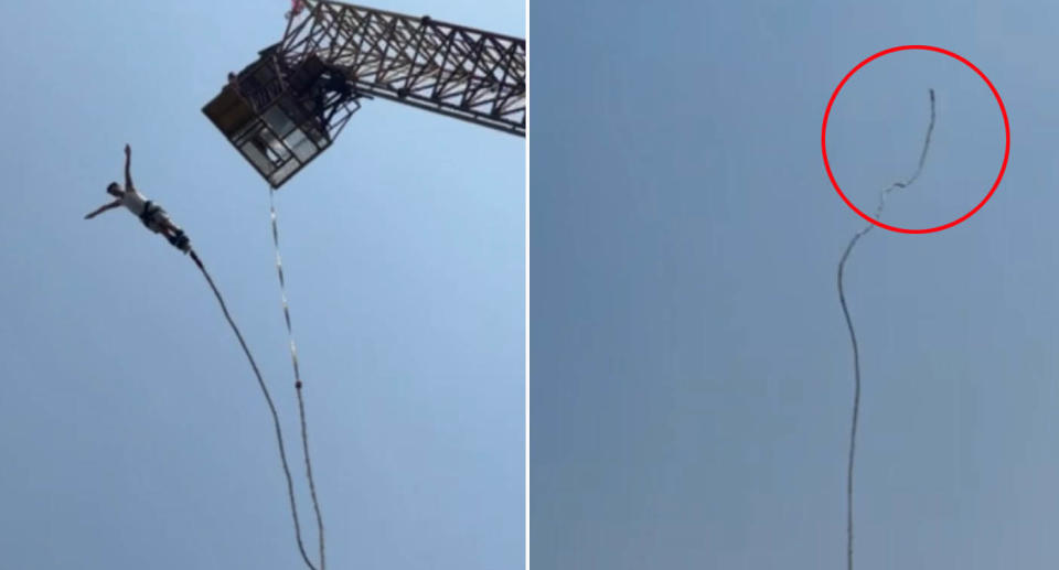 Bungee cord snaps while man jumps in Thailand. 