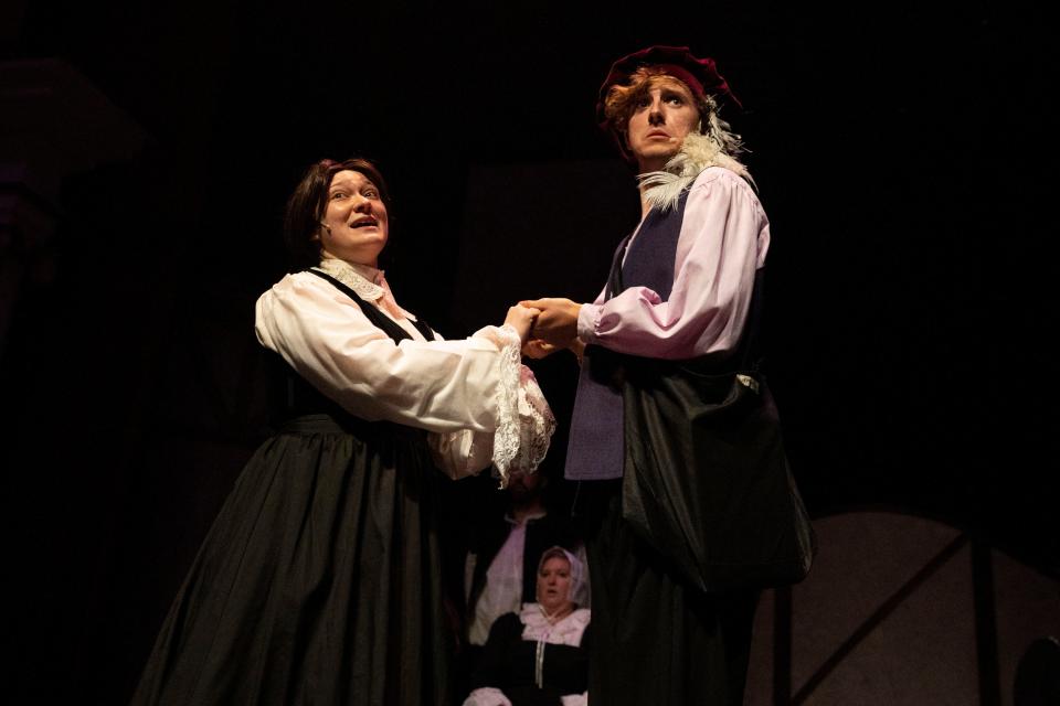 Tyler Marcotte as Portia and Braden Allison as Nigel Bottom rehearse a scene for South Bend Civic Theatre's production of "Something Rotten" that opens July 15 and continues through July 31, 2022.