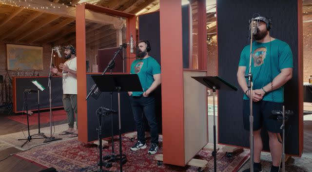 <p>A Philly Special Christmas/ YouTube</p> Jason Kelce, Lane Johnson and Jordan Mailata recording in the studio.