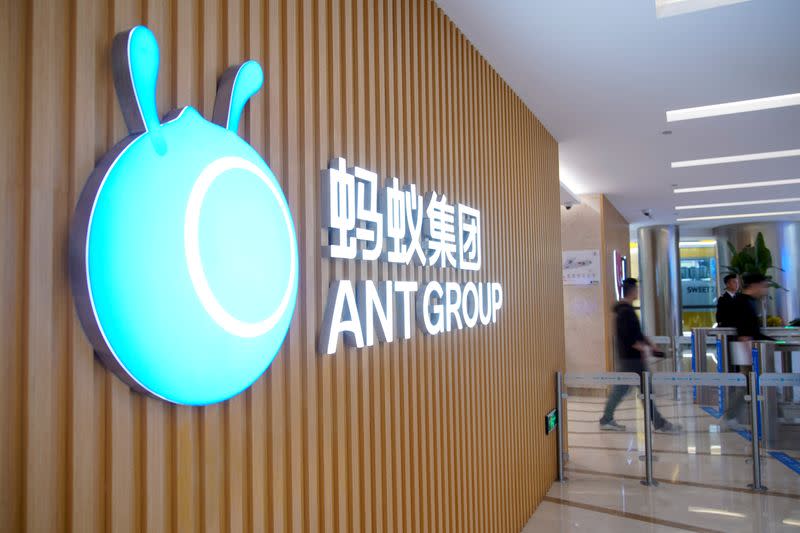 FILE PHOTO: A logo of Ant Group is pictured at the headquarters of the company, an affiliate of Alibaba, in Hangzhou