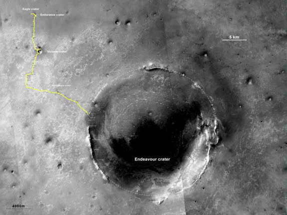 After a three-year drive, the Mars Exploration Rover Opportunity reached the Endeavour crater, a 14 mile crater formed by bombardment early in the life of the solar system.